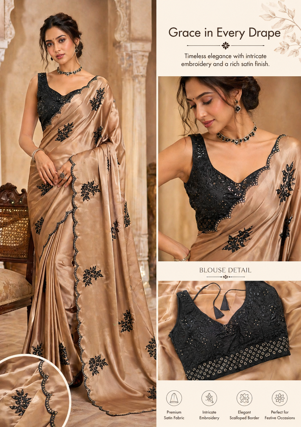 Embroidered Satin Saree with Designer Blouse