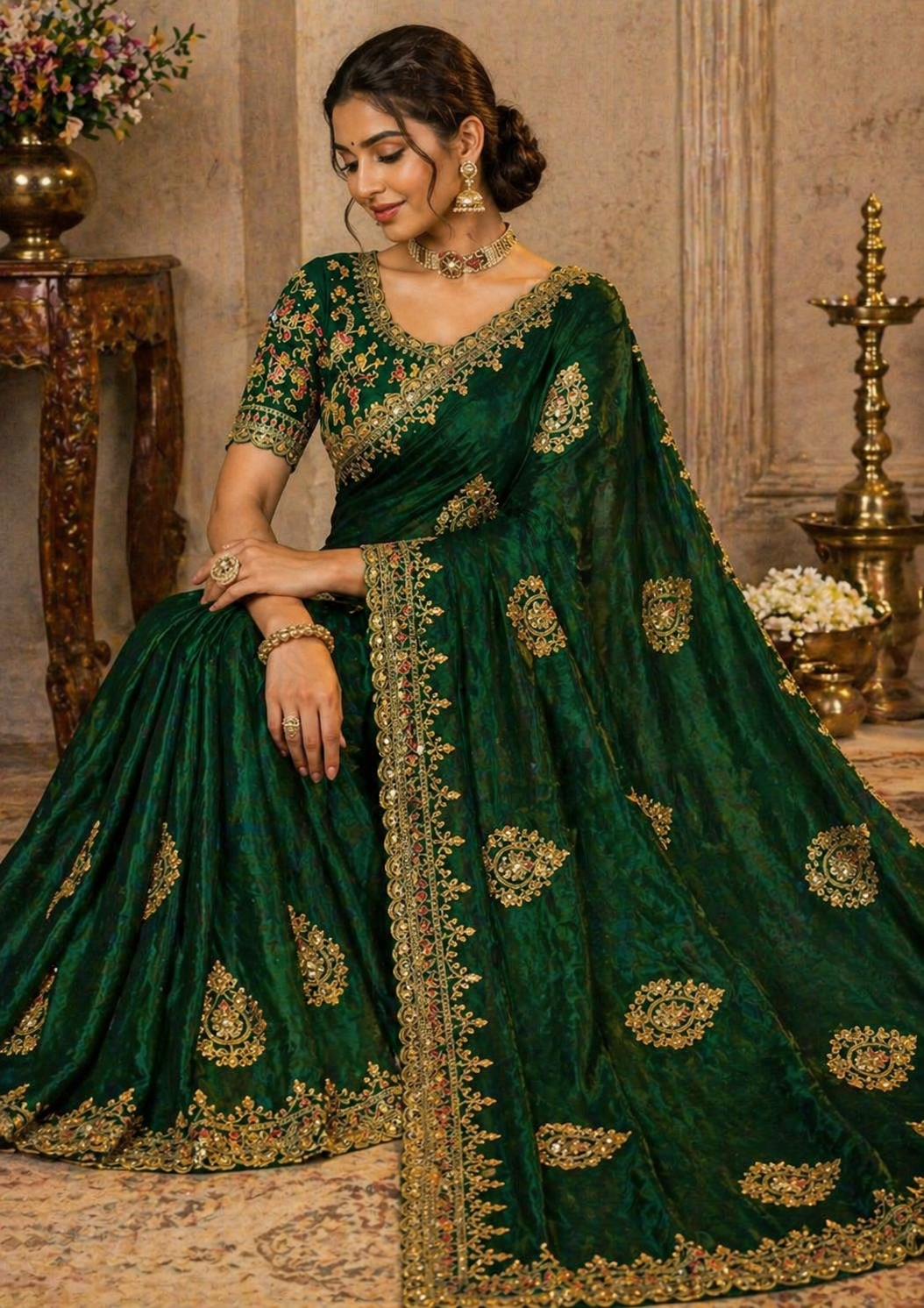 Tissue silk golden embroided tissue silk Emerland Saree