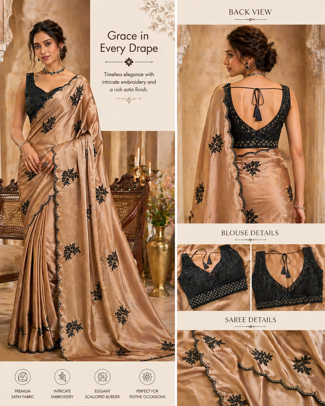 Embroidered Satin Saree with Designer Blouse
