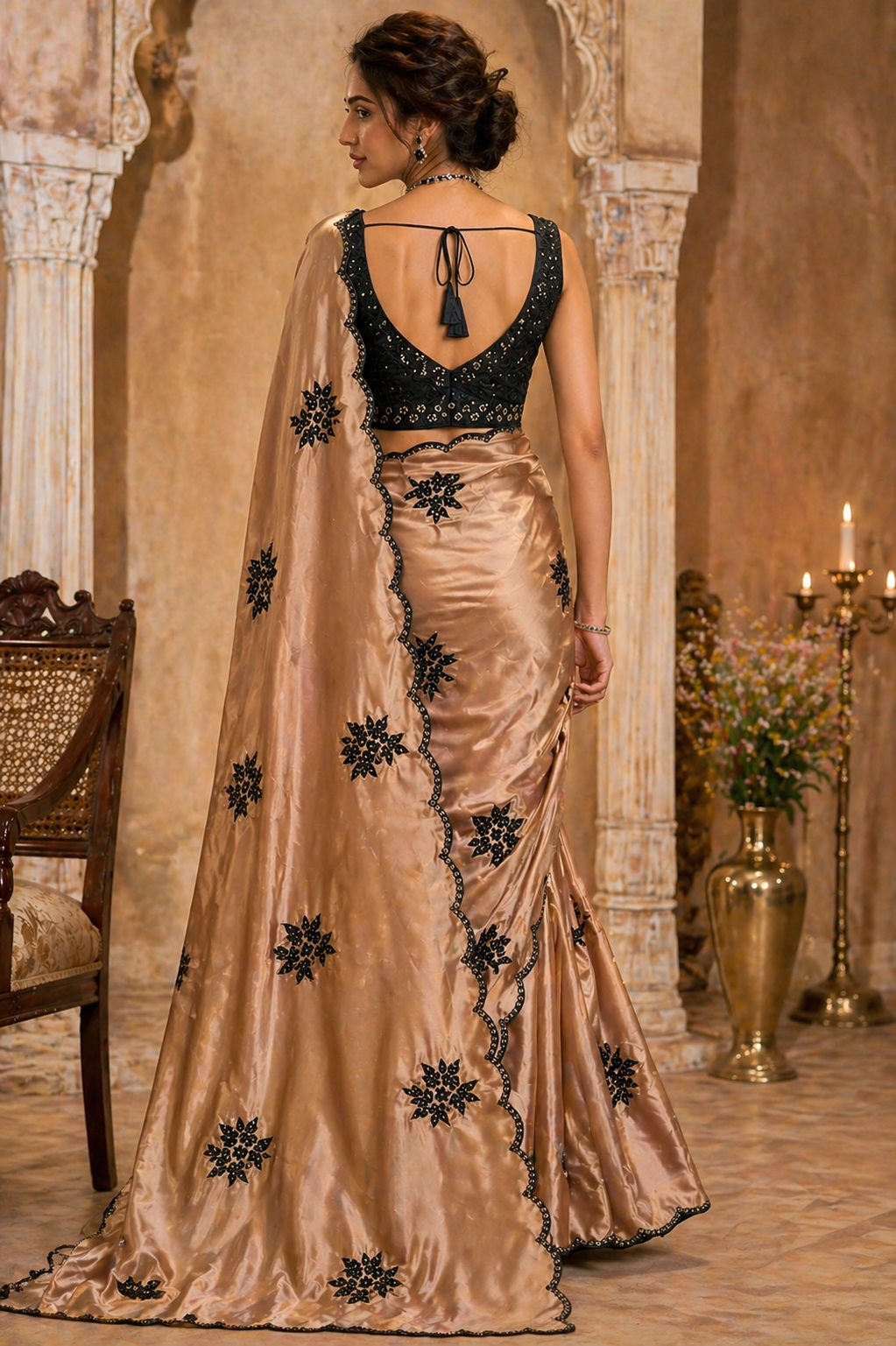 Embroidered Satin Saree with Designer Blouse