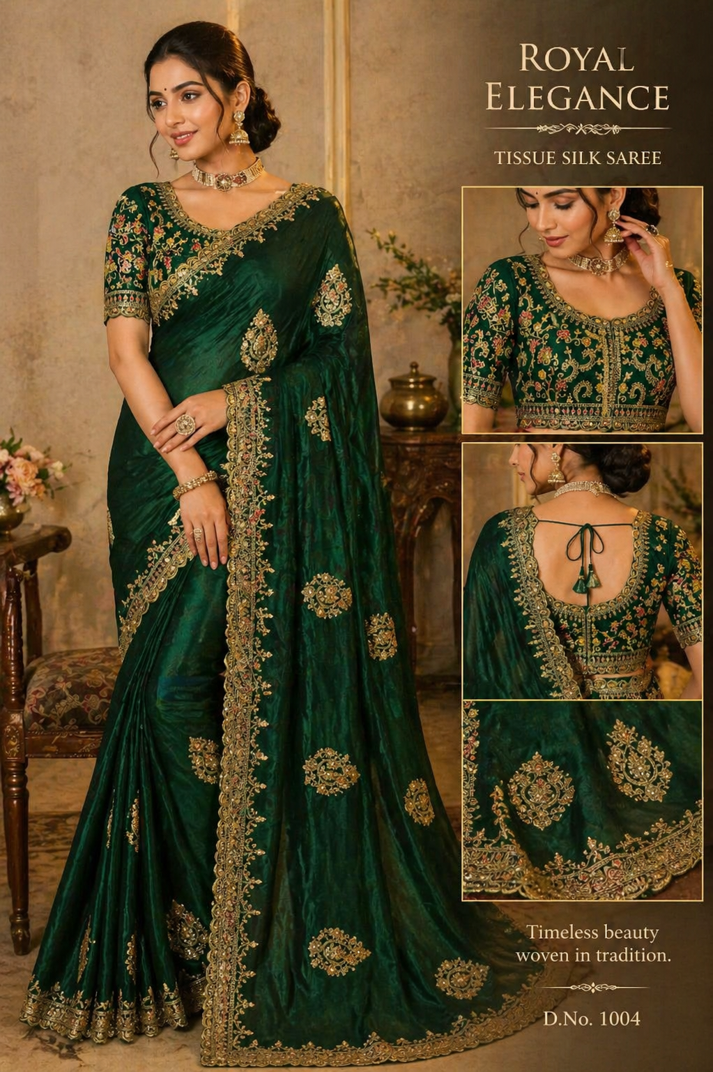 Tissue silk golden embroided tissue silk Emerland Saree