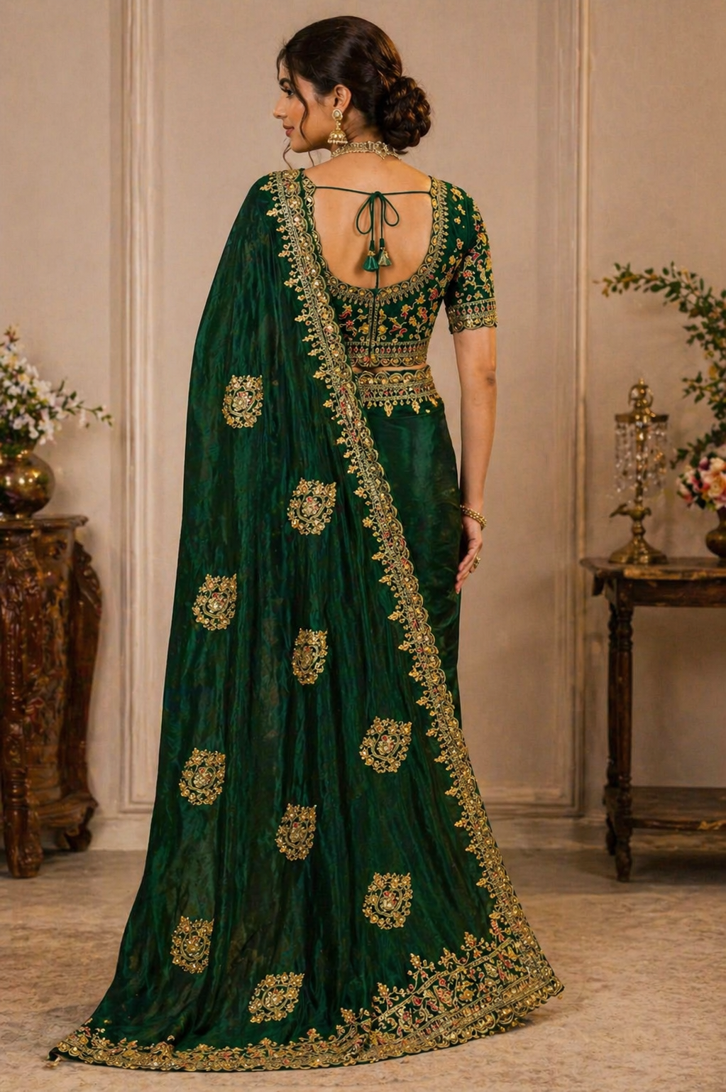 Tissue silk golden embroided tissue silk Emerland Saree