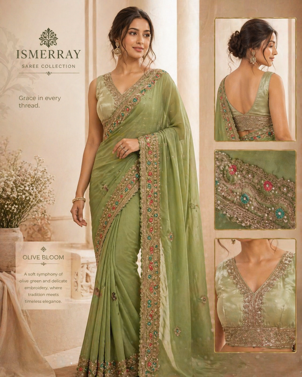 Olive Bloom Embroidered Saree ✨