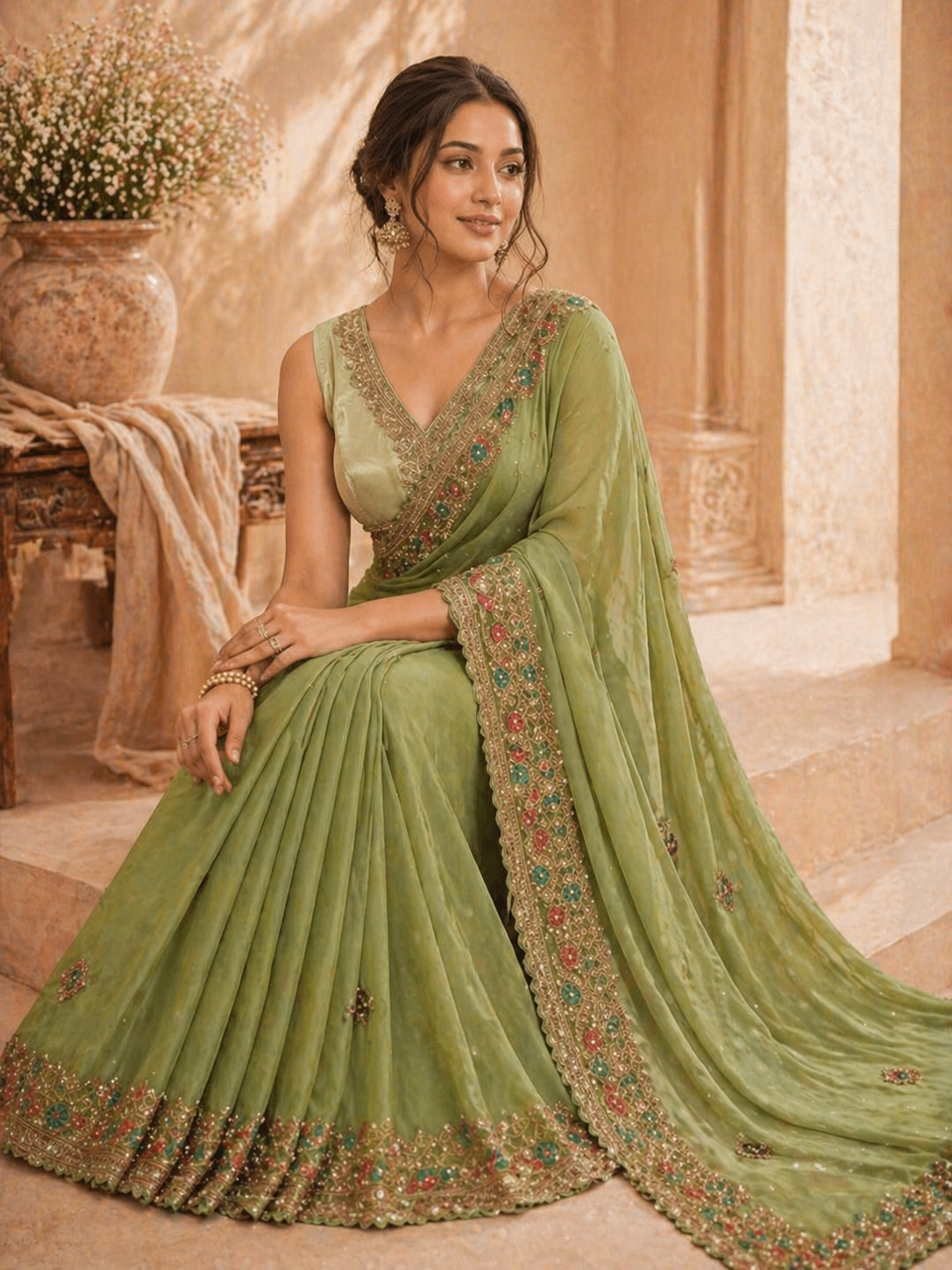Olive Bloom Embroidered Saree ✨