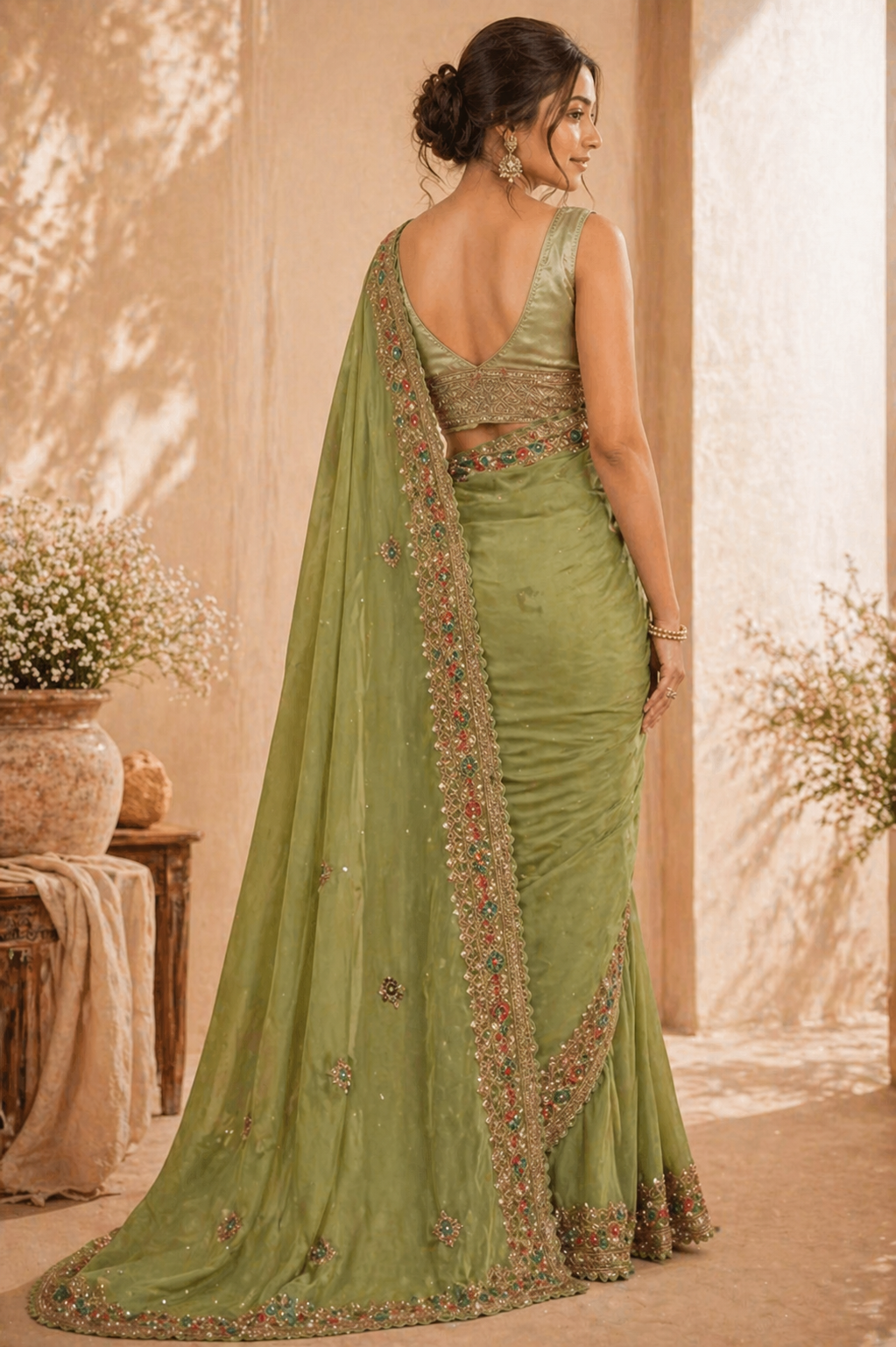 Olive Bloom Embroidered Saree ✨