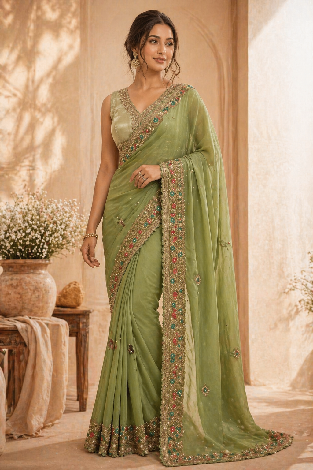 Olive Bloom Embroidered Saree ✨
